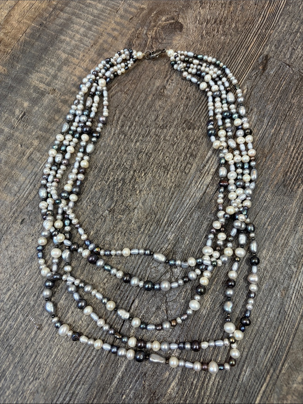 Multi-Strand Pearl Statement Necklace in White and Gray